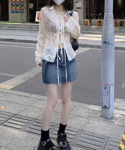 カーディガン 長袖 ボレロ 羽織り 薄手 レディース シアーシャツ 肌見せ 透け感 春夏トップス へそ出し UVケア 重ね着 カジュアル レイヤードコーデ リボン 77JCHU-001